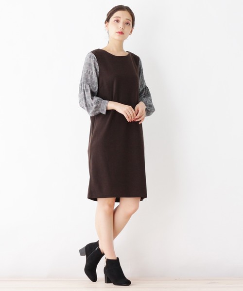 シフォン袖チェックコンビワンピース