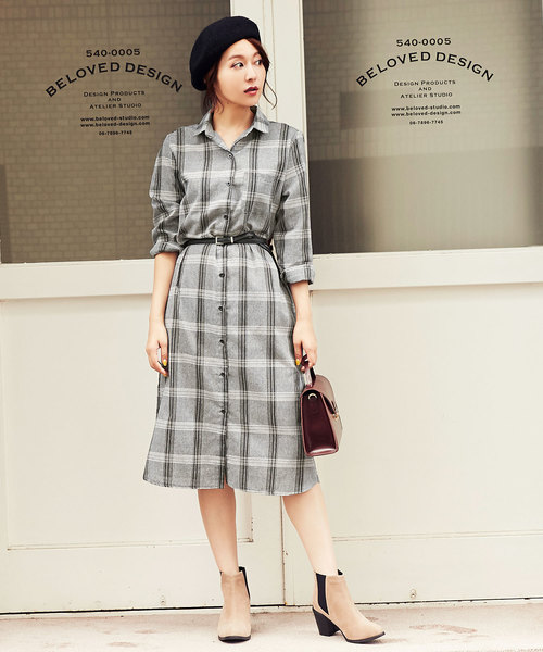 ロング丈チェックシャツワンピース