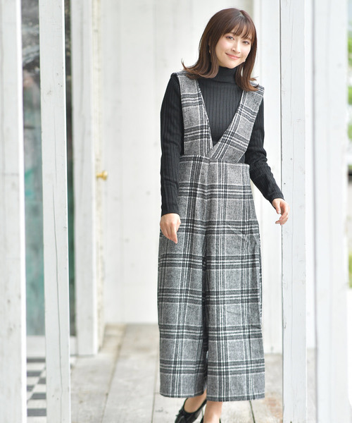 シャギーチェックワイドサロペット
