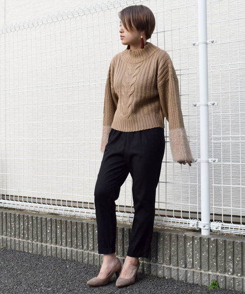 ケーブルx片畦シャギー袖ニット