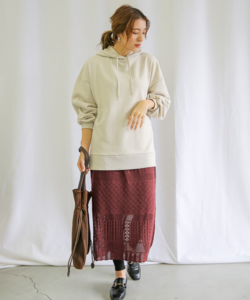 ミックス編みウエストゴムロングスカートボルドー