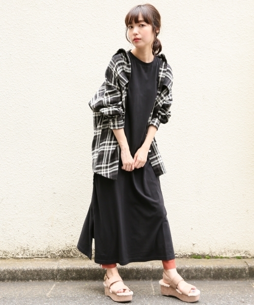 チェックロングシャツ ブラック