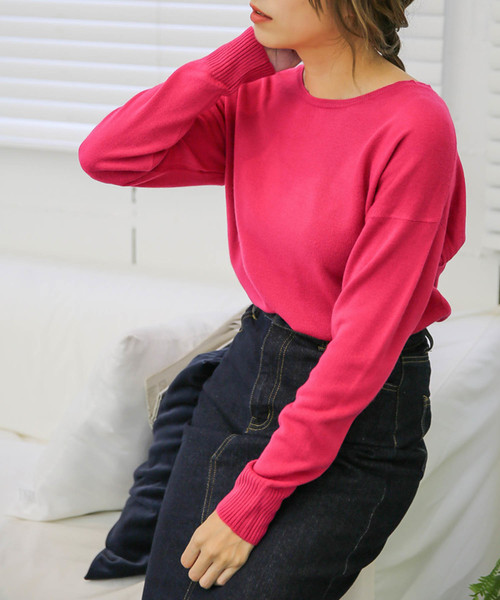 カシミアタッチシンプルニット/カラバリ6色ボックスシルエットラウンドネック長袖トップス