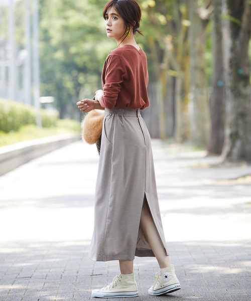 チェックスリット入りロングスカート