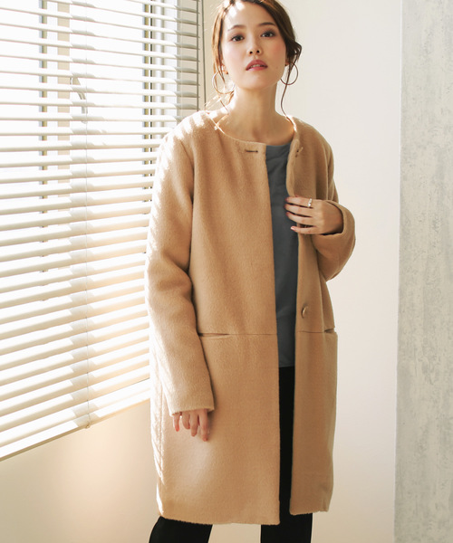 「Social GIRL」のノーカラーラウンドネックシャギーコート