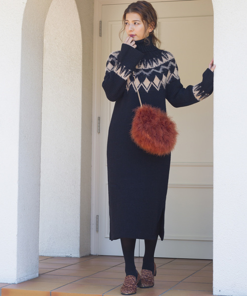 ノルディック柄ロングニットワンピース