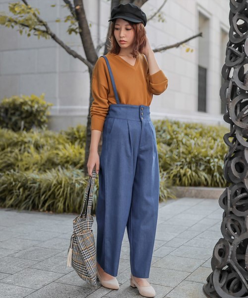 サスペンダー付きデニムワイドパンツ