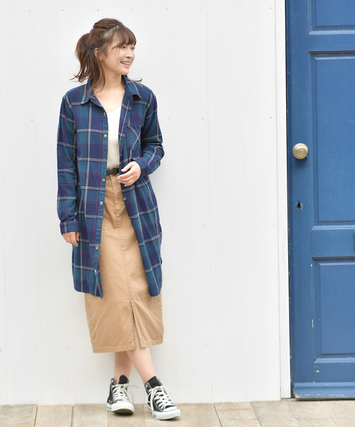 多釦ロングシャツワンピースブルー