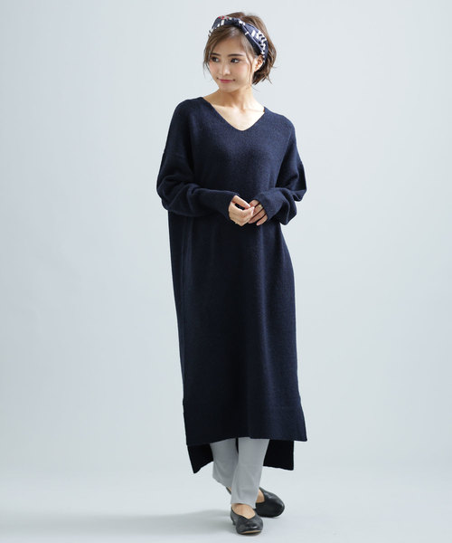 【WEB限定】キャメル混Vネックニットワンピ
