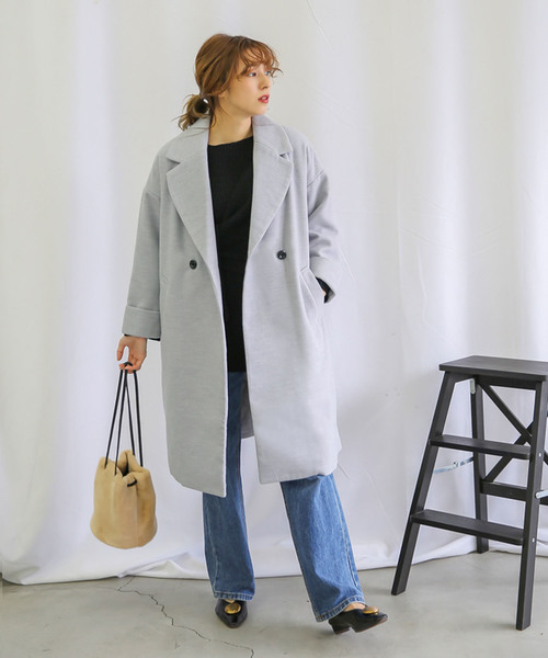 ダブルチェスターコート/美シルエットノーカラーワイドスリーブ長袖チェスターコート