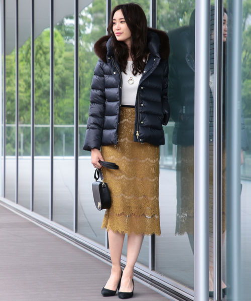 河田フェザー ファー付き ショートダウンコート