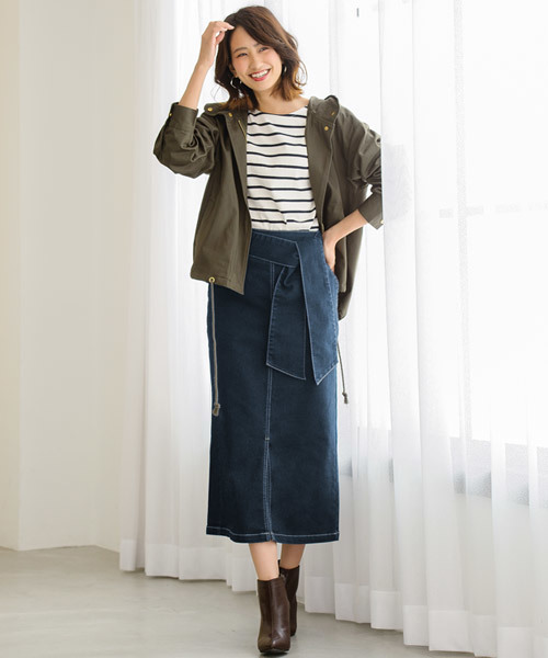 リボン付きデニムロングタイトスカート