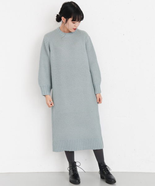 配色ワッフルニットワンピース