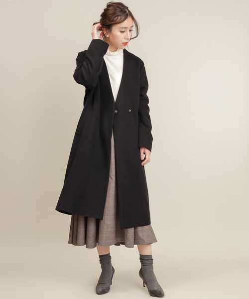 ウールビーバー ノーカラー ロングコート Fabric by Italy