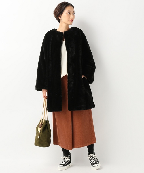 エコファー クルーネックロングコート