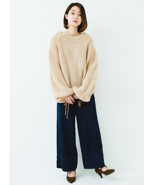 袖リボンあぜ編みニット