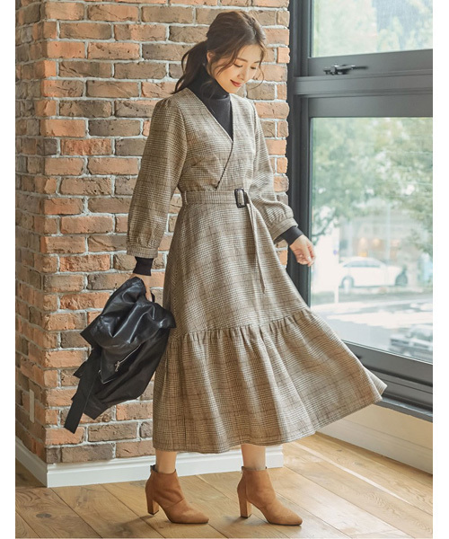 ウール混グレンチェック柄カシュクールワンピース