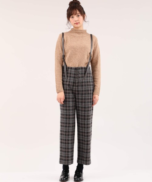 サスペンダー付きチェック柄ワイドパンツ