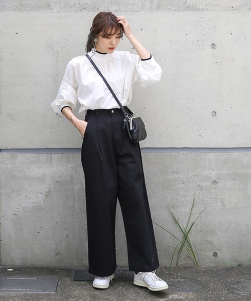 ツイルフロントタック美形シルエットワイドパンツ