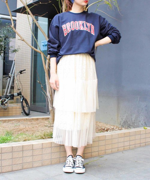 レースチュールロングスカート スカート プリーツスカート