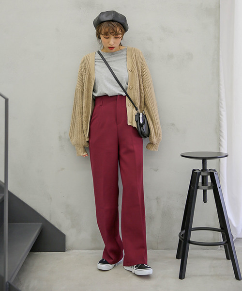 ハイウエストワイドパンツ/美形シルエット両ポケット付センターラインディテールワイドパンツ