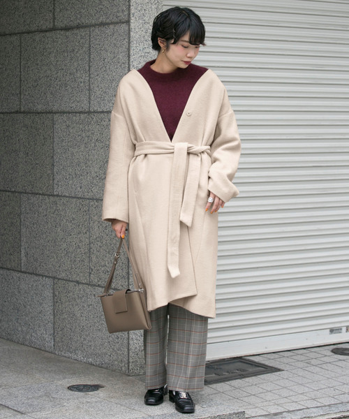 ノーカラーVネックコート