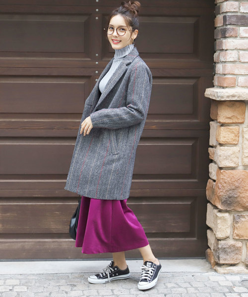 ヘリンボーン柄シックカラーチェスターコート