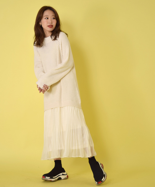 プリーツシフォンドッキングニットワンピース