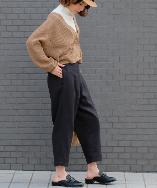リネンウエストゴムハイウエストテーパードパンツ