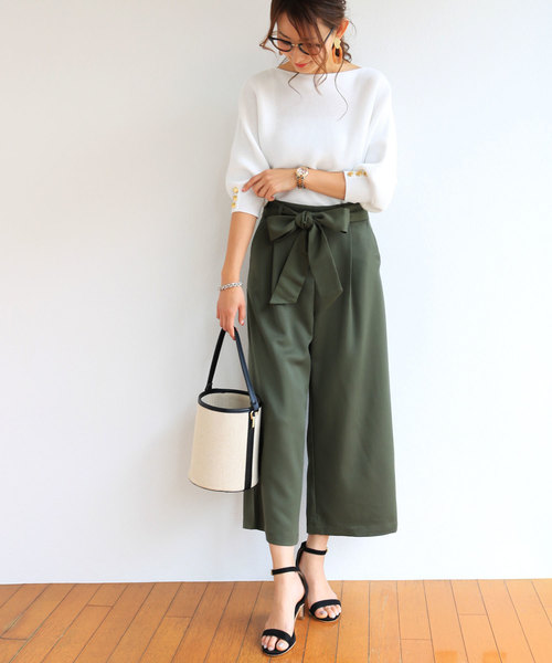 ワイドパンツ ウエストリボン付き クロップドパンツ