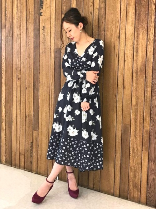 パラスパレス シャツワンピース コットン 花柄 フラワープリント ネイビー 3 ロングワンピース オンライン体験ツアー