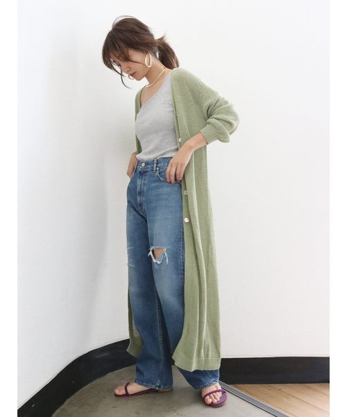 リネン混ロングニットカーデ