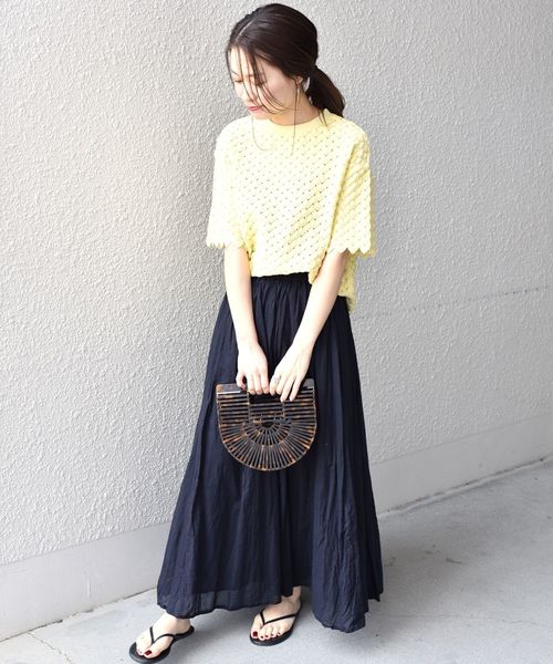 liflattie ships:レースクルーネックショートスリーブトップス◇
