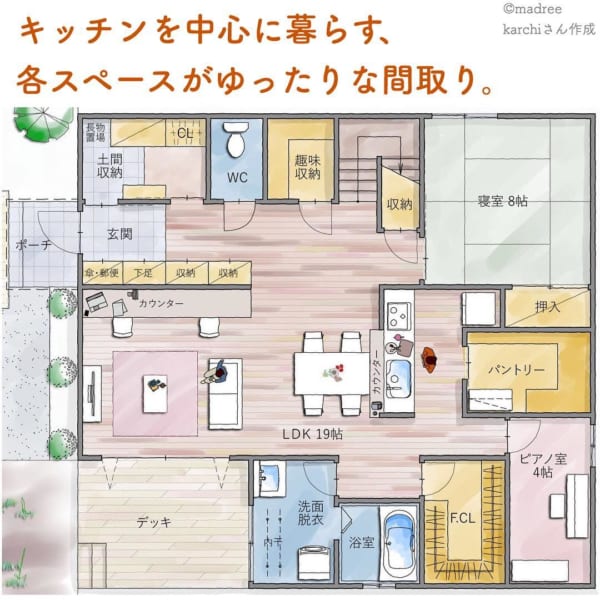 キッチンを中心に暮らす、各スペースがゆったりな間取り。 folk キッチンを中心に暮らす、各スペースがゆったりな間取り。 folk