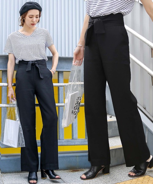 美シルエットハイウエストウエストリボン両サイドポケットタック入りワイドパンツ