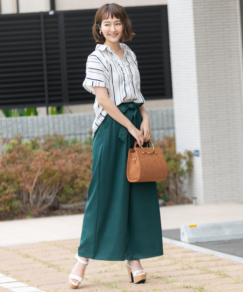 ウエストリボン付きワイドパンツ
