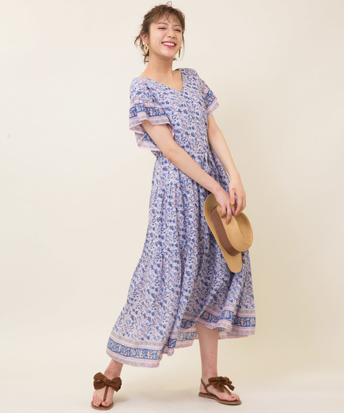 【MADE IN INDIA COLLECTION】プリントギャザーワンピース