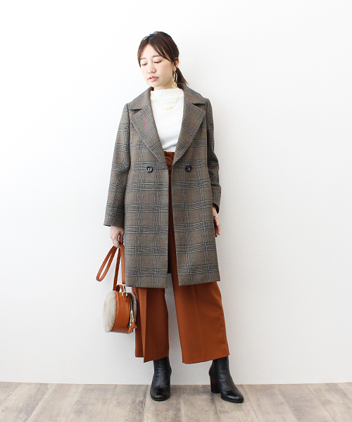 グレンチェックダブルブレストコート