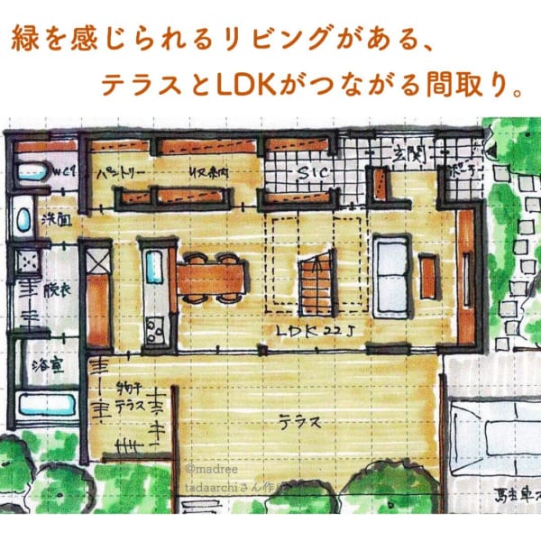 緑の見えるリビングがある テラスとldkがつながる間取り Folk