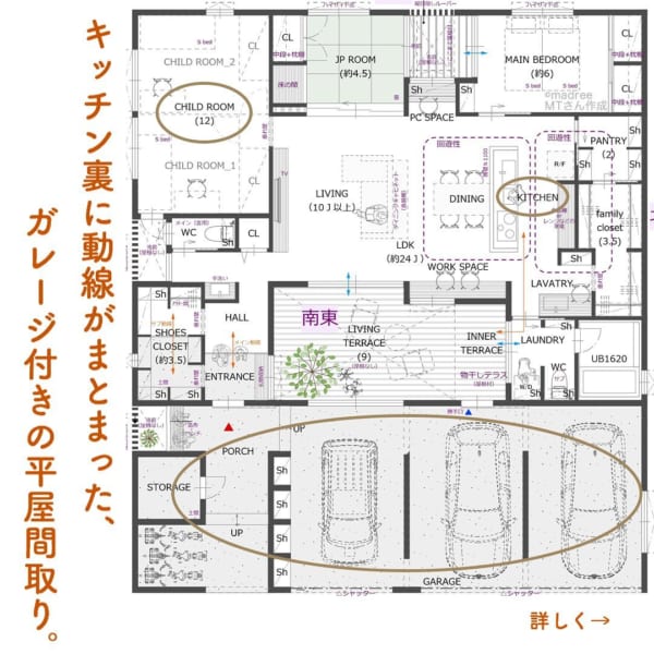 キッチン裏に動線がまとまった、ガレージ付きの平屋間取り。 | folk
