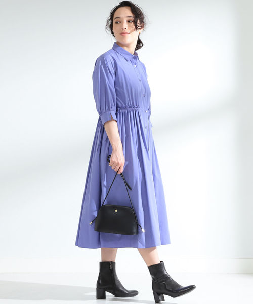 紫ロングシャツワンピースの秋コーデ