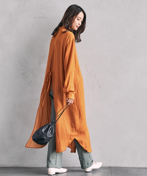とろみサテンバックスリットロングシャツワンピース