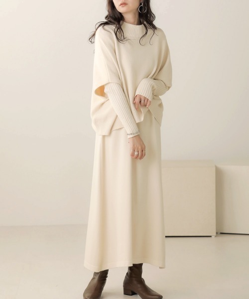 ◆再入荷◆ケープトップ&リブニットワンピースセット