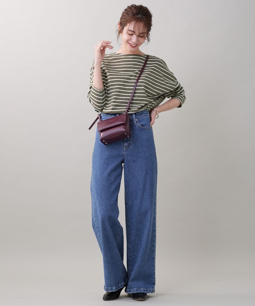 WEB限定/ボーダーワイドドロップトップス1