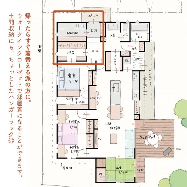 帰ったらすぐ部屋着になれる！玄関近くにクローゼットな平屋。2