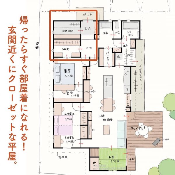 帰ったらすぐ部屋着になれる！玄関近くにクローゼットな平屋。