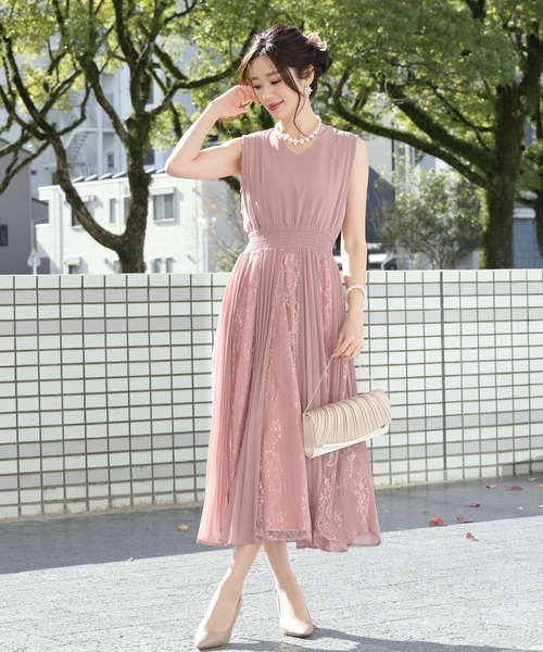 BLUEEAST レース×シフォンプリーツ切替ロング丈パーティードレス