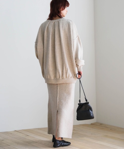 2020 A/W バックギャザーニットセットアップ/ラウンドネックオーバーサイズトップス&ウエストゴムバックスリットスカート