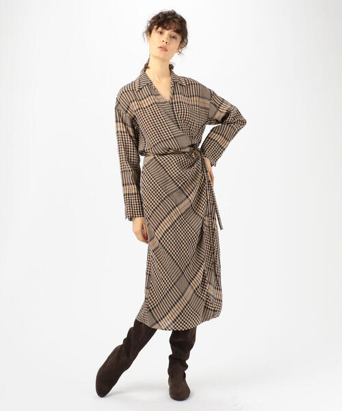 BAUME レーヨン チェックカシュクールワンピース