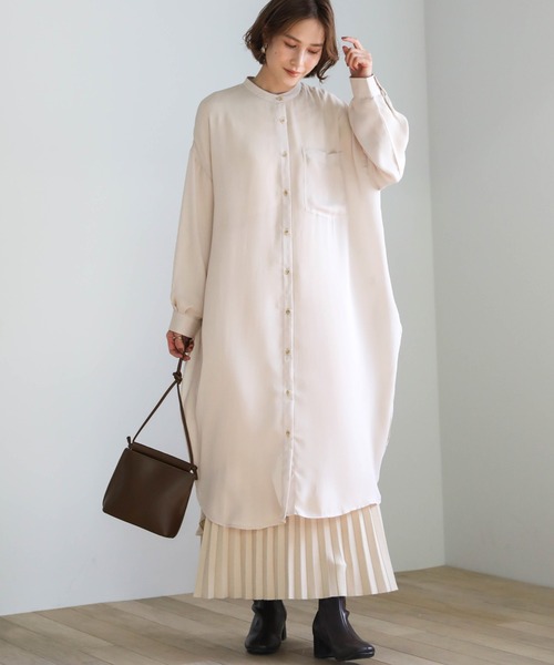 2020 A/W バックボタンスタンドカラーシアーシャツワンピース/バックスリット&サイドスリットレイヤードワンピース